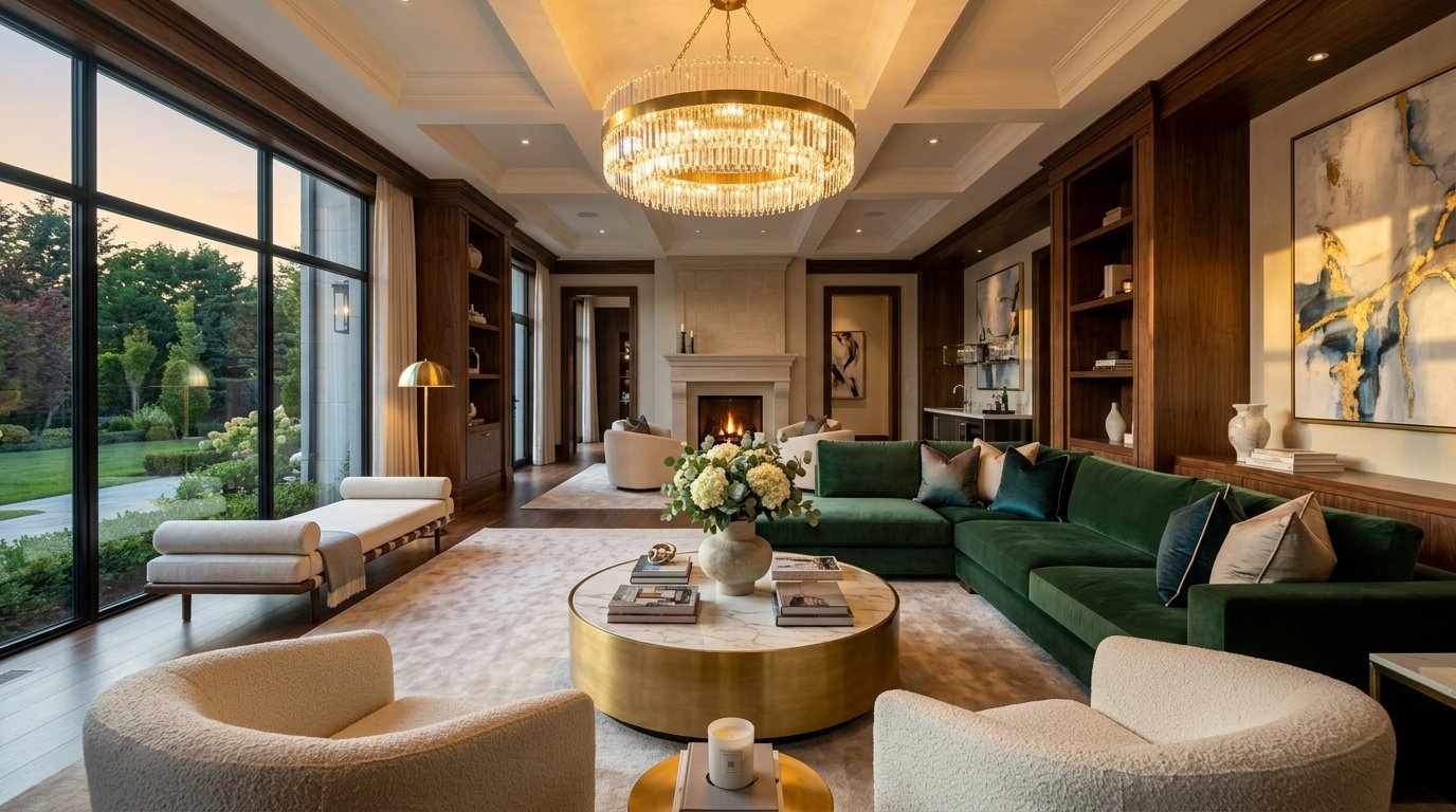 Modern living room with a round marble coffee table, green sofa, and cream-colored armchairs.