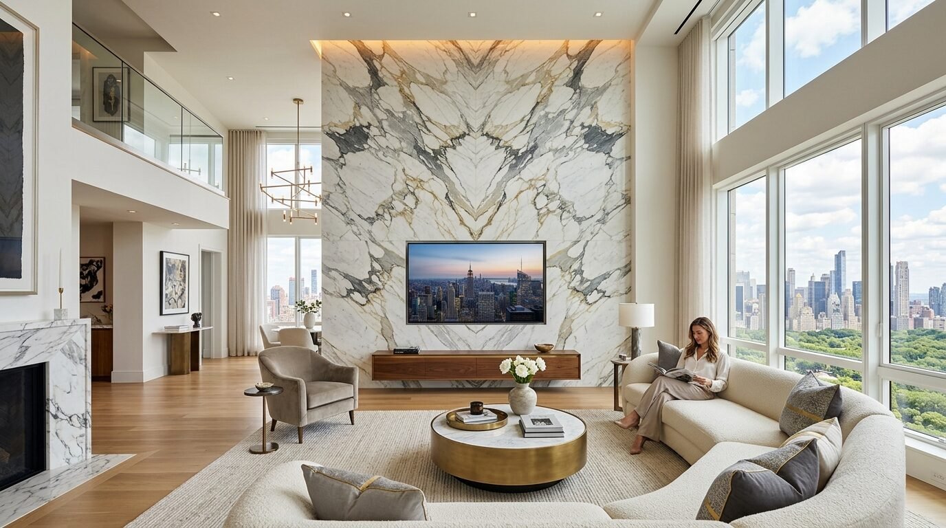 A woman sits on a curved cream sofa in a high-rise living room with a book-matched marble accent wall.