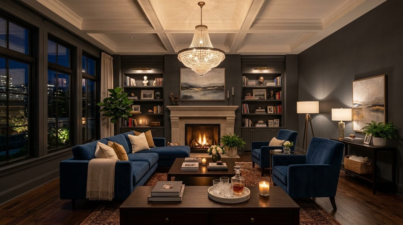 Spacious interior with a lit fireplace, blue sectional, armchairs, and tall bookshelves in a moody, sophisticated home.