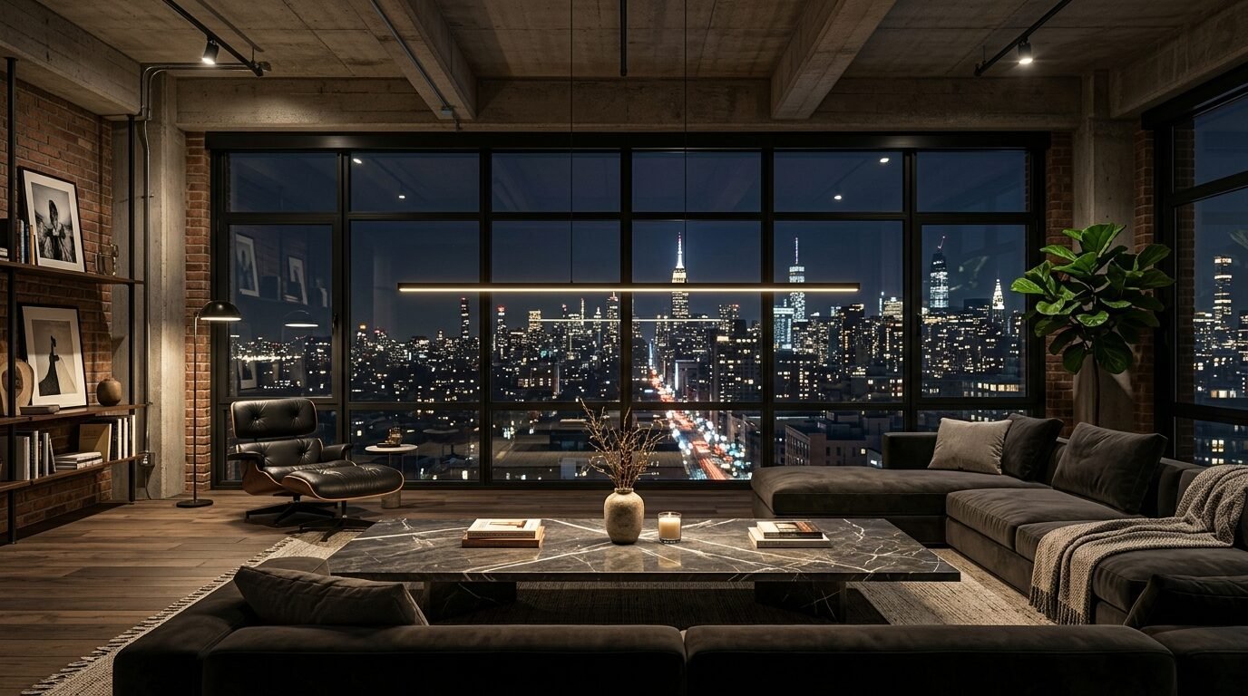 Contemporary living room with marble coffee table and large windows displaying a glowing urban night scene.