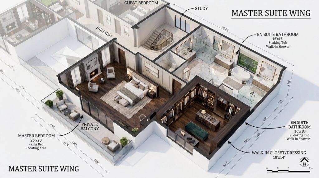 Spacious luxury master suite wing featuring elegant decor and modern architectural design.