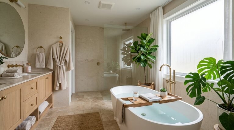 A high-end luxury bathroom featuring contemporary design, premium fixtures, and elegant stone finishes.