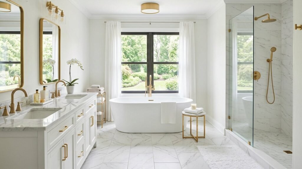 A luxurious bathroom interior featuring high-end white marble wall tiles and modern fixtures.