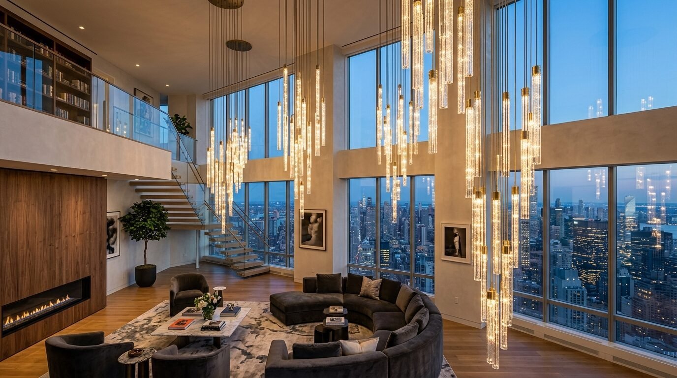 Spacious penthouse apartment with floor-to-ceiling windows and large glass hanging light fixtures.