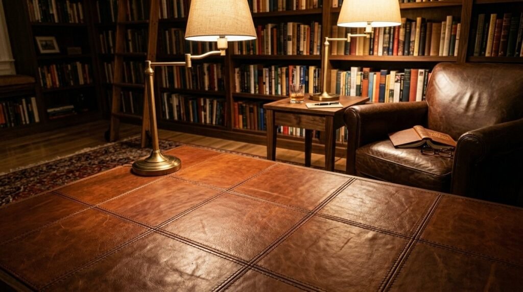 Close-up of high-quality premium leather floor tiles with a rich texture in a modern room.