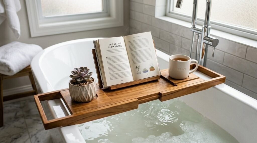 A wooden teak bathtub caddy tray holding bath accessories in a bright bathroom.
