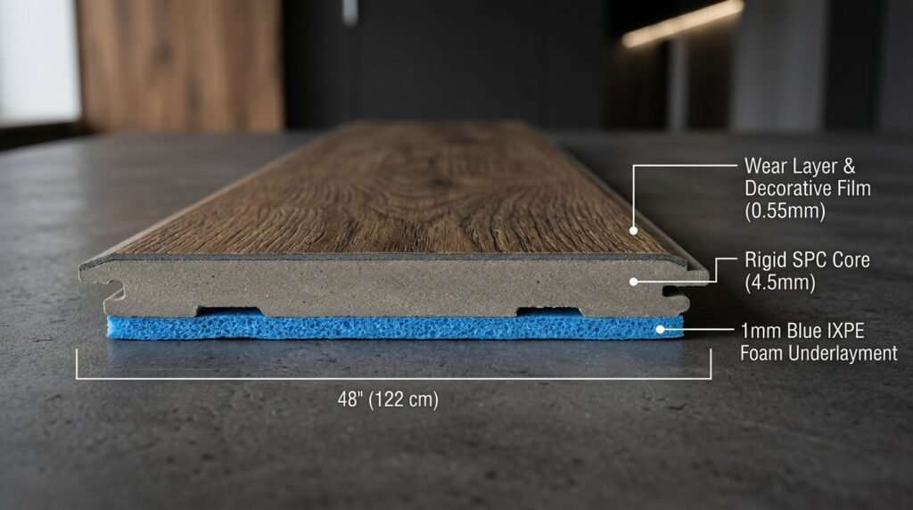 Close up view of high quality modern luxury vinyl plank flooring with a wood grain texture.