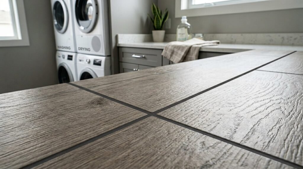 High-quality luxury vinyl plank LVP flooring tiles arranged on a clean background.