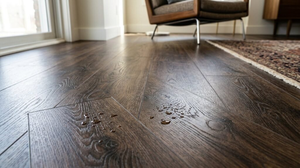 Close up view of premium light oak luxury vinyl planks flooring with realistic wood grain texture.