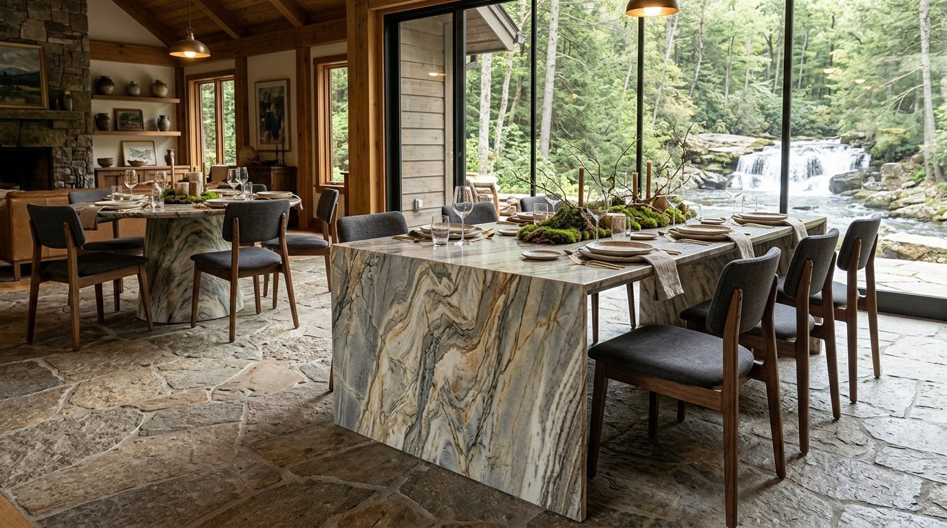 Modern stone dining area featuring a waterfall-edge marble table overlooking a forest waterfall.