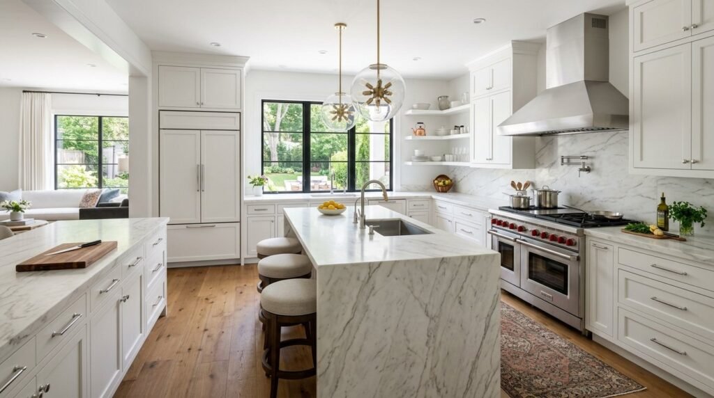 A bright and spacious luxury white kitchen with modern cabinetry and marble countertops.