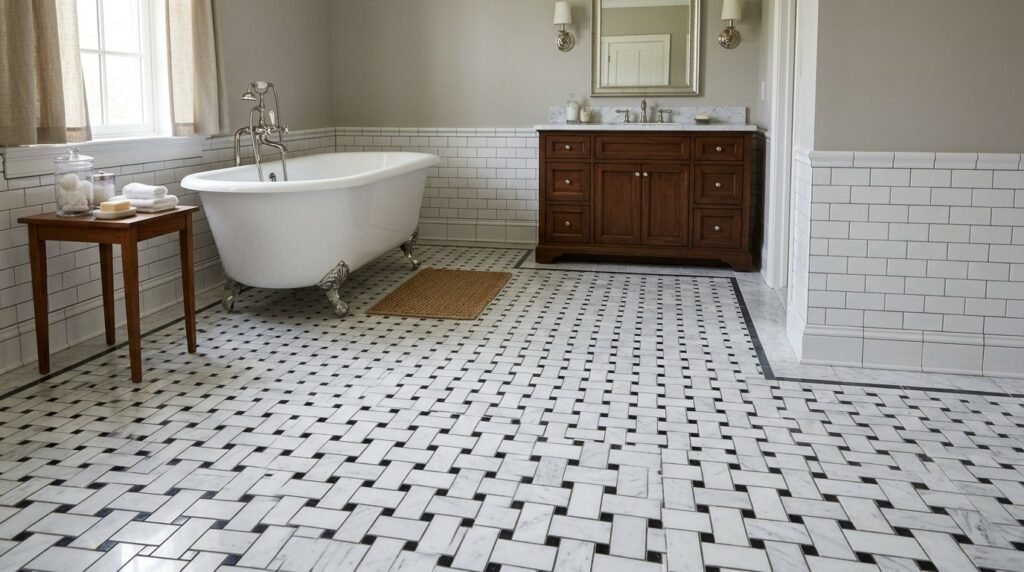 Close up view of luxurious white polished marble floor tiles in a modern bathroom.