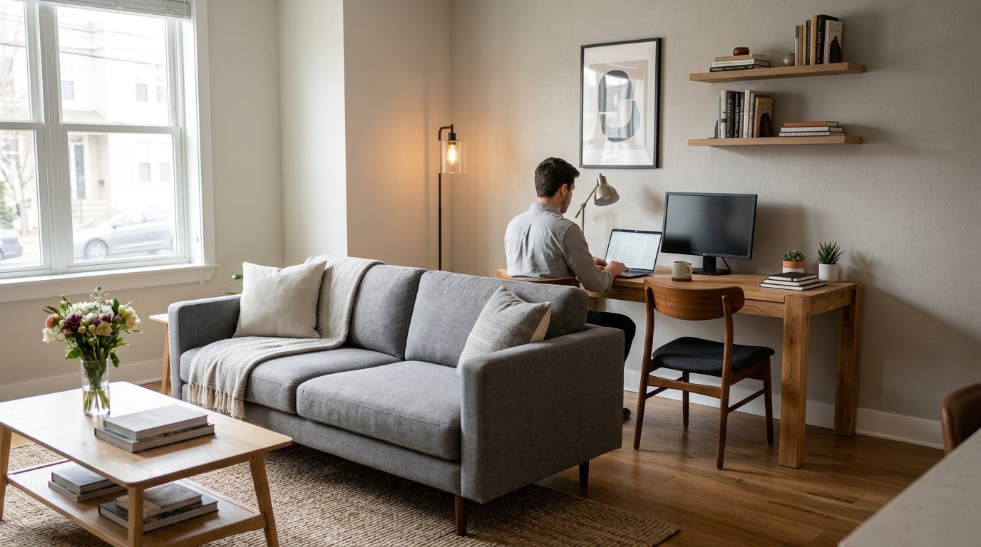 Young man sitting on a wooden chair working at a desk in a living room with a grey couch and floating shelves.
