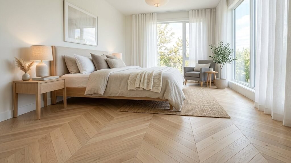 High quality maple wood flooring installed in a stylish chevron pattern.