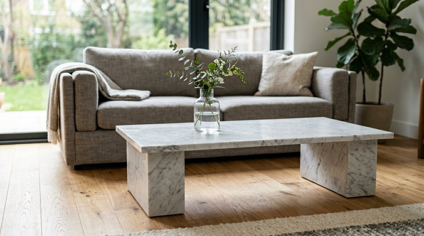 A low marble table with greenery in a glass vase placed in front of a neutral couch in a sunlit home interior.
