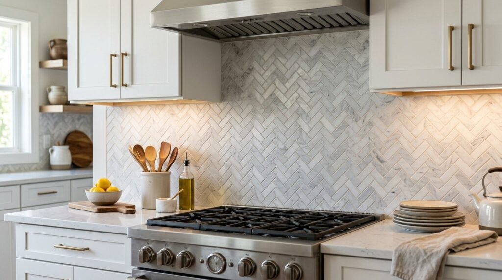 Close up of luxury white and grey marble herringbone mosaic tiles on a kitchen backsplash.