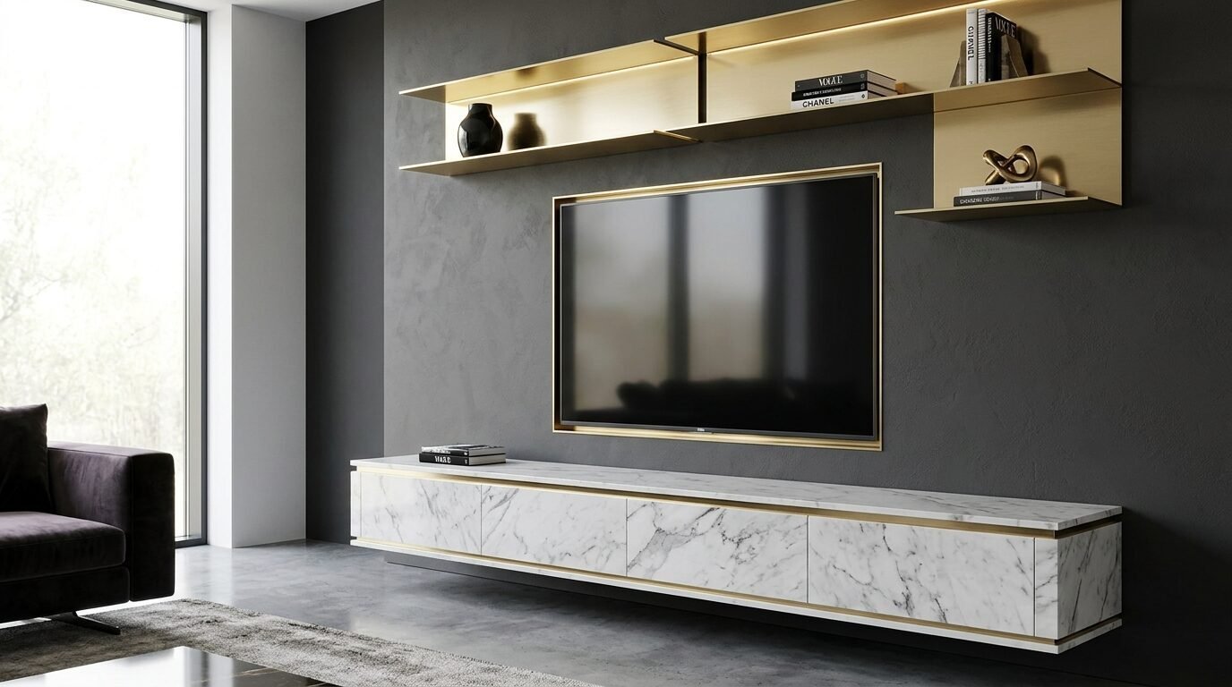 Floating white marble TV stand mounted below gold metal wall shelves on a dark grey textured feature wall.