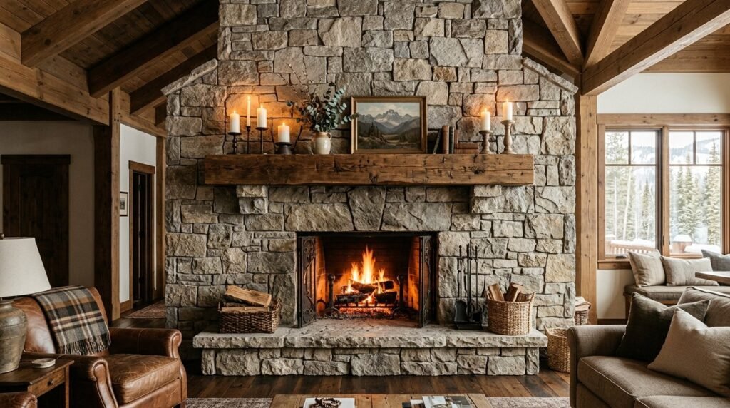 A floor-to-ceiling massive fieldstone fireplace creating a cozy rustic atmosphere in a spacious living area.