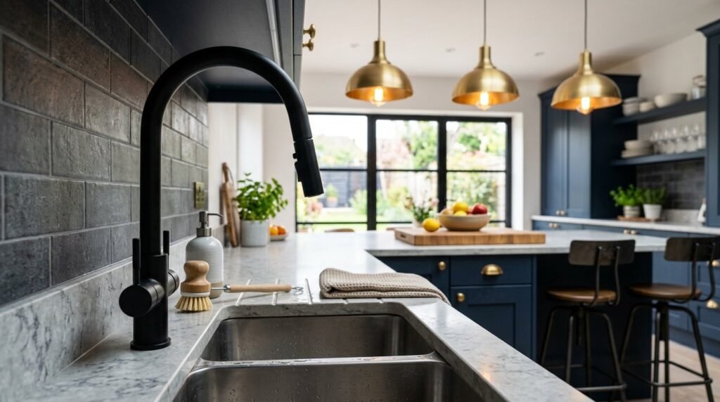 Close up of a modern matte black faucet with brushed brass accents in a kitchen setting.