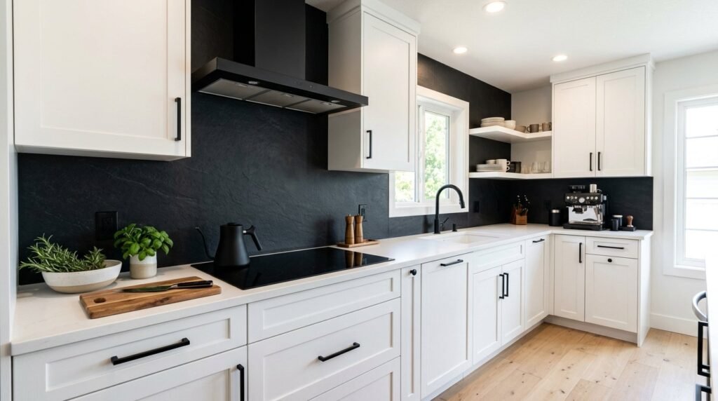 Close up shot of a smooth matte black porcelain tile surface with elegant texture.