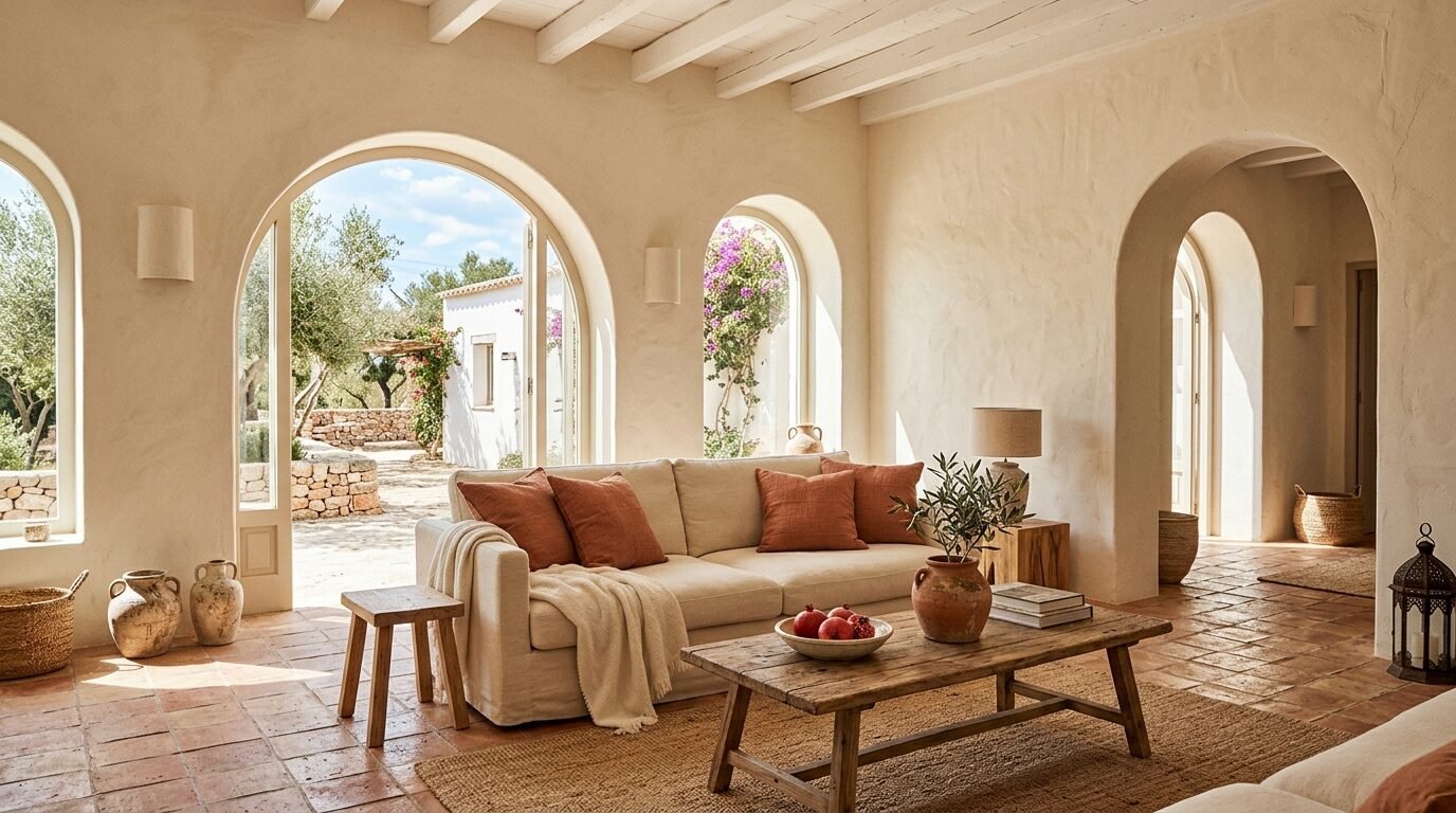 A rustic living room featuring a cream sofa, terracotta floor tiles, and open archways leading to a sunny garden patio.