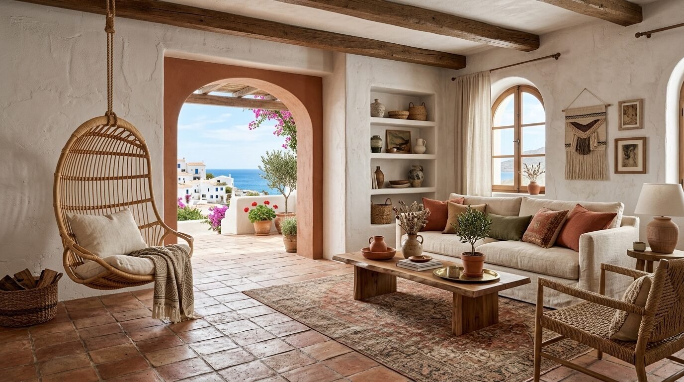 Living room featuring a rattan hanging chair, linen sofa, and an archway opening to a balcony with ocean views.