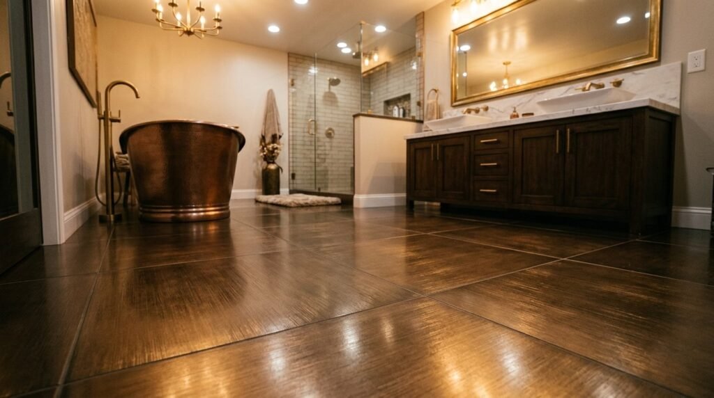 Close up view of a modern bathroom floor featuring a textured metallic finish tile.