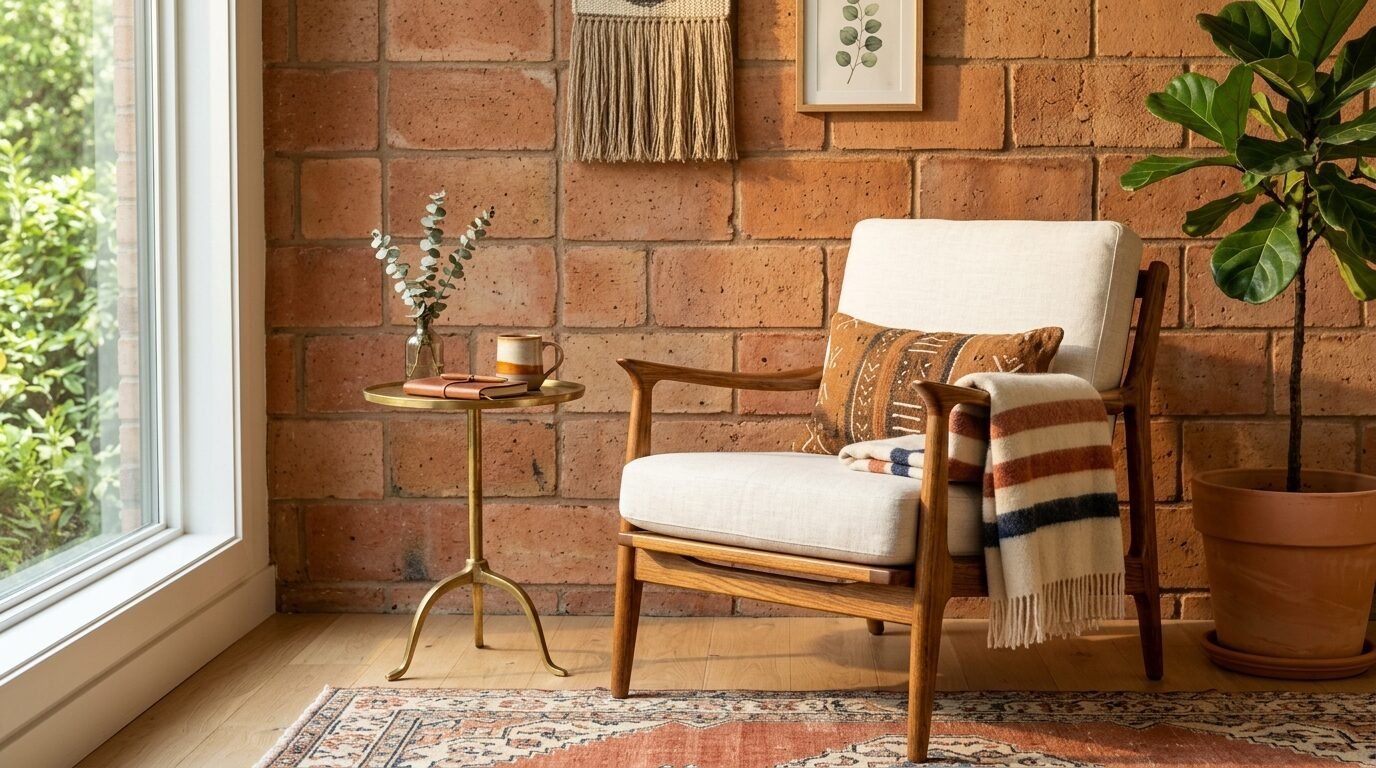 A beige mid-century modern lounge chair with a patterned pillow and striped throw blanket near a window.
