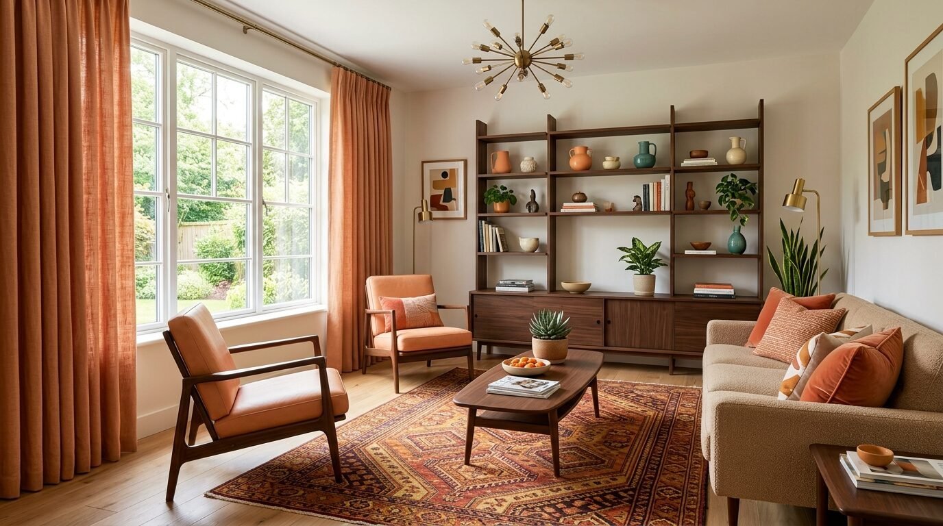 A warm living room featuring wood shelving, orange upholstered armchairs, and a patterned area rug.