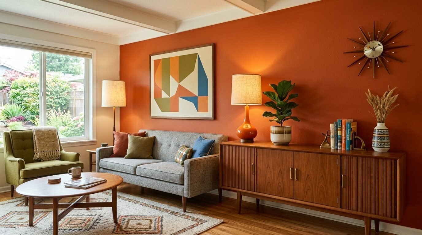 Mid-century modern living room featuring a grey sofa, wooden sideboard, green armchair, and abstract wall art.