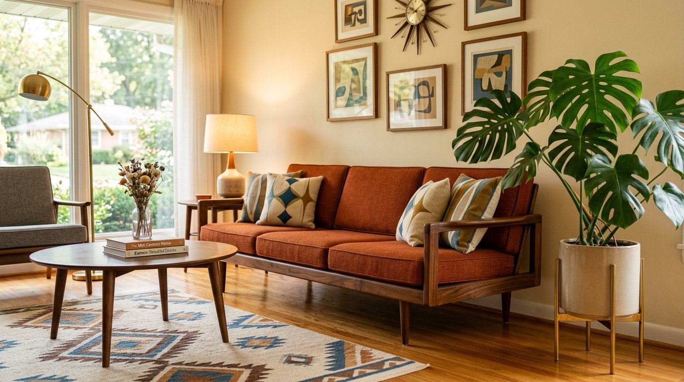 A mid-century modern living room with a rust-colored couch, wooden coffee table, and a large potted monstera plant.