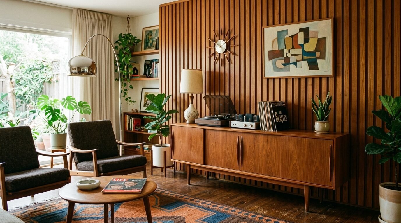 Mid-century modern room with a wooden credenza, record player, starburst clock, and potted houseplants.