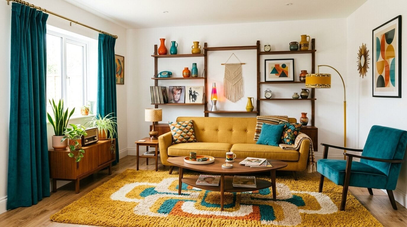 Colorful mid-century interior with velvet teal curtains and a shag area rug with geometric patterns.