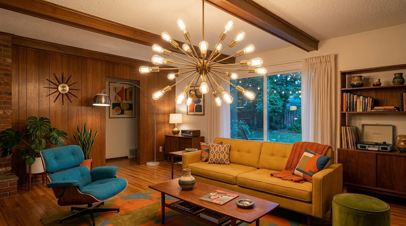 Spacious retro living room with a gold sputnik light, yellow sofa, blue lounge chair, and wood-paneled walls.
