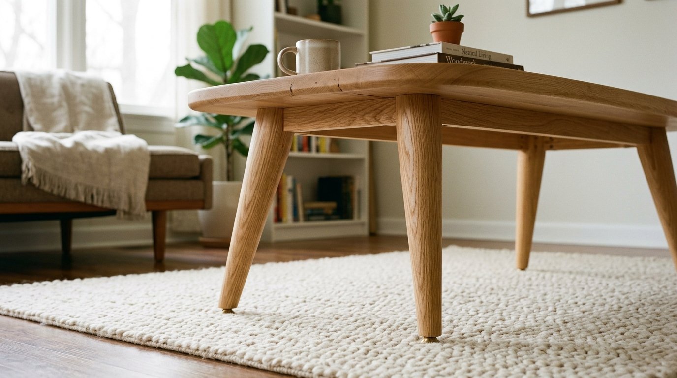 Close-up view of wooden coffee table legs resting on a cream-colored chunky knit rug in a living room.