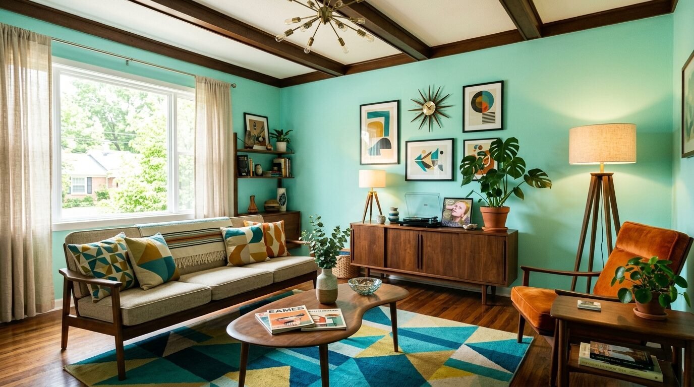 Mid-century modern living room with a teal wall, wooden furniture, and a geometric blue and yellow area rug.
