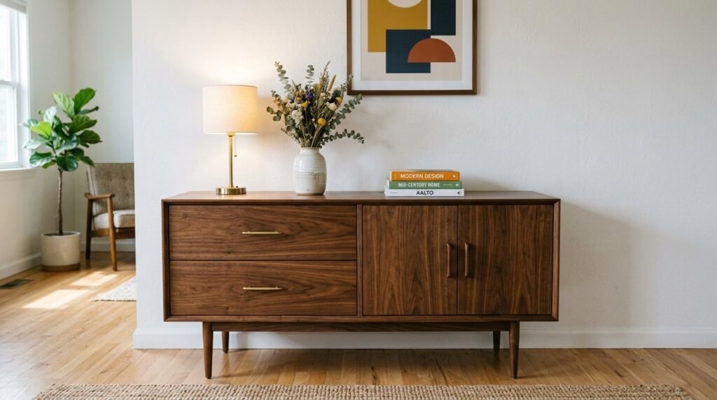 A beautiful mid-century modern walnut sideboard with clean lines in a bright living space.