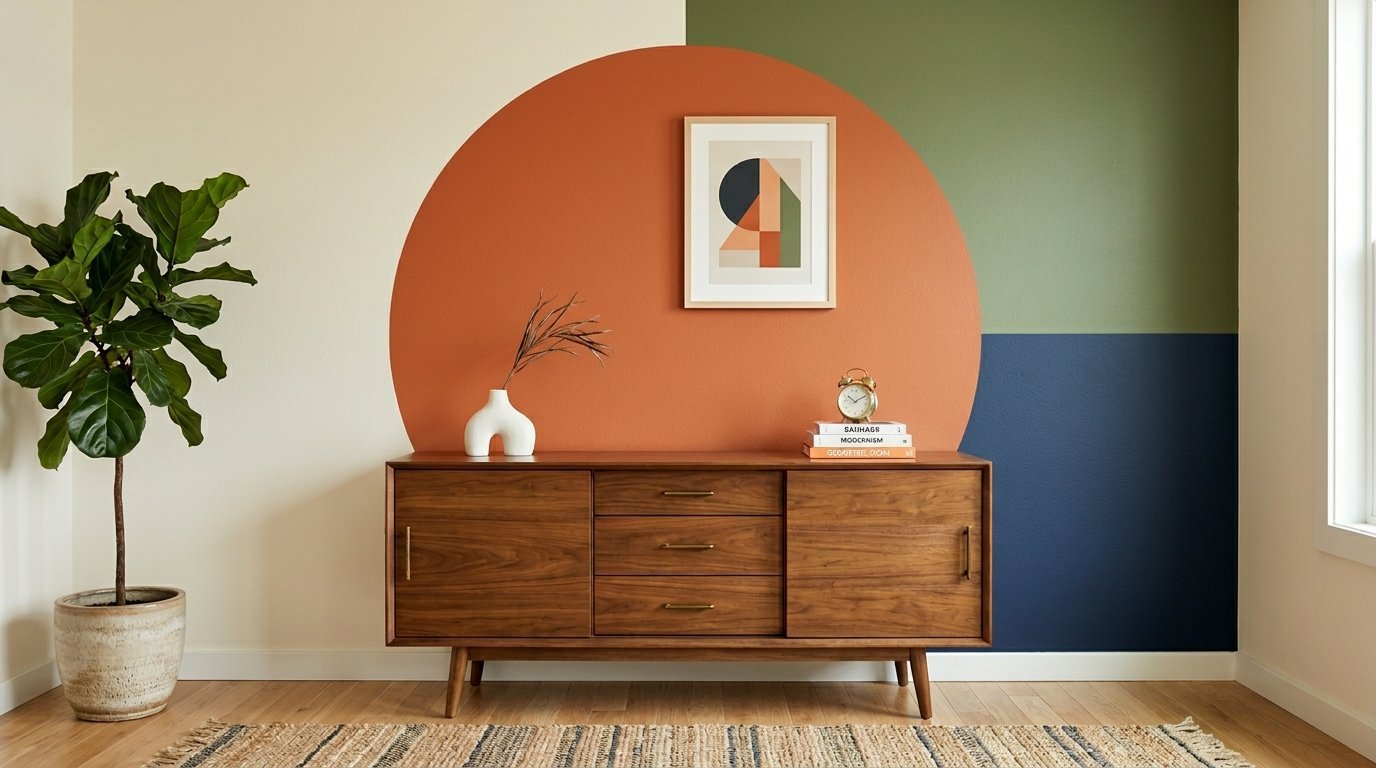 Mid-century wooden cabinet sitting in front of a wall with a large orange circle and blue and green painted blocks.