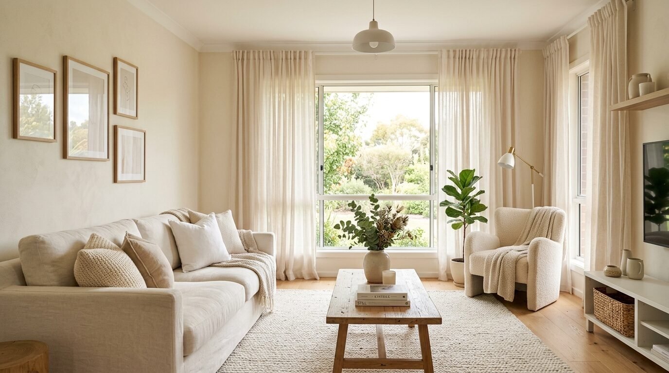 A sunlit living room with cream furniture, wooden coffee table, and floor-to-ceiling sheer curtains overlooking a garden.