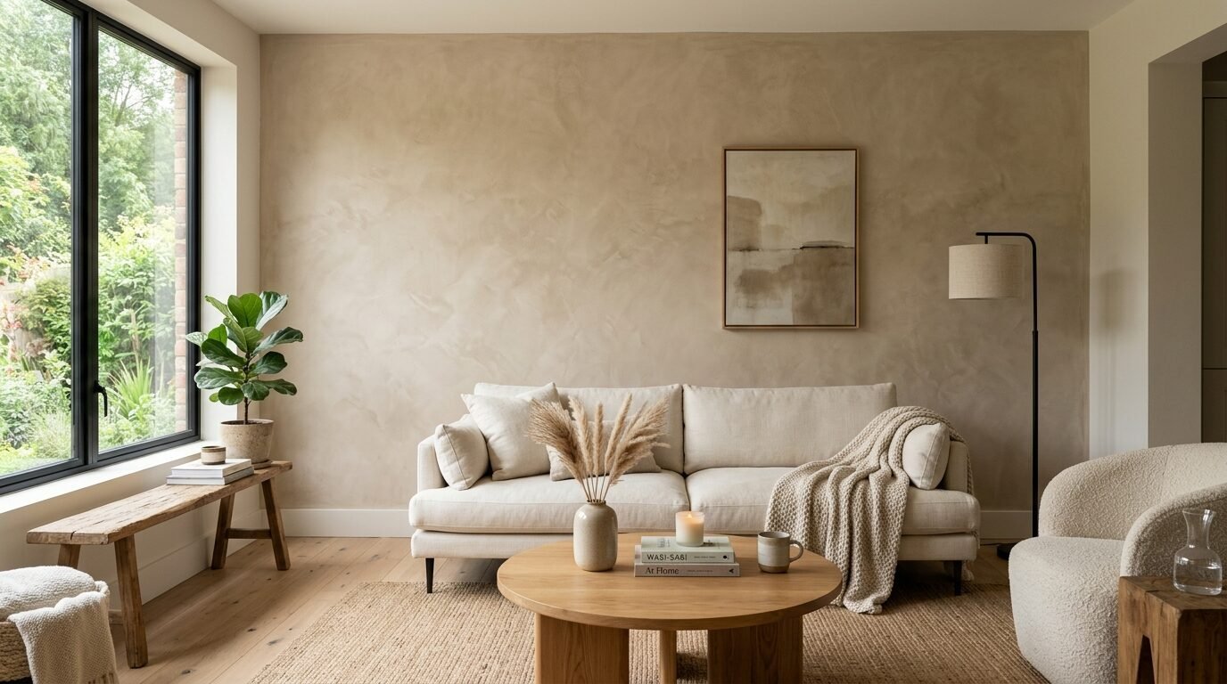 Modern living room with a beige sofa, round coffee table, and abstract art piece on a rustic plaster wall.