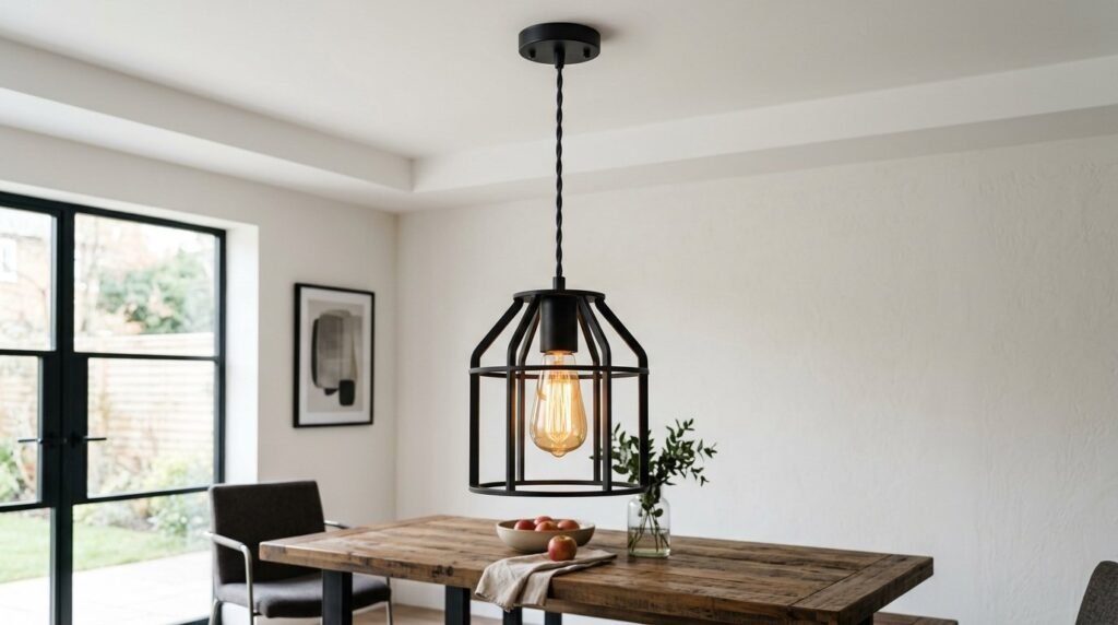 A sleek modern black metal pendant light hanging against a neutral background.