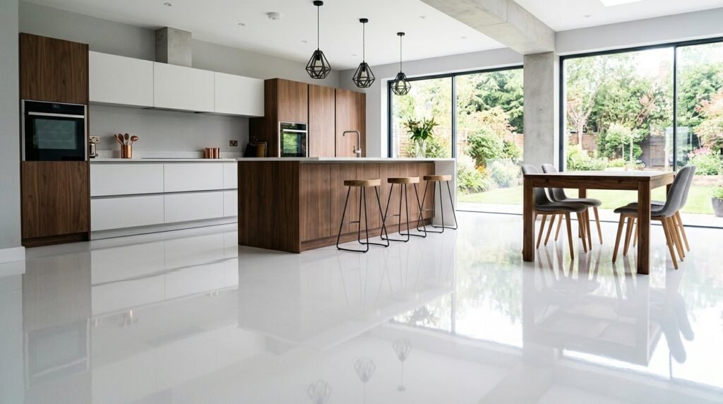 A seamless and reflective polished white resin floor in a modern minimalist space.