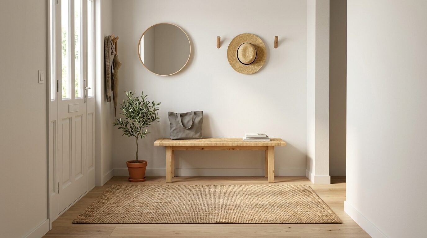 Neutral home entryway with a wicker bench, circular mirror, wall-mounted straw hat, and potted olive tree.
