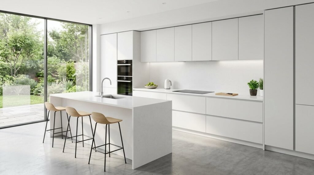 A bright and airy minimalist kitchen featuring clean lines and modern appliances.