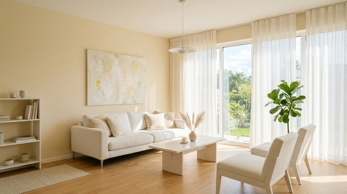 Modern living room with a white sofa, abstract art, sheer curtains, and sunlight streaming through large windows.