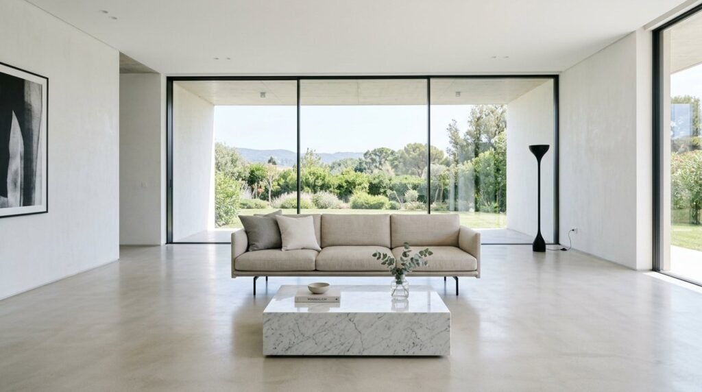 A clean and airy minimalist living room with neutral tones and modern furniture.