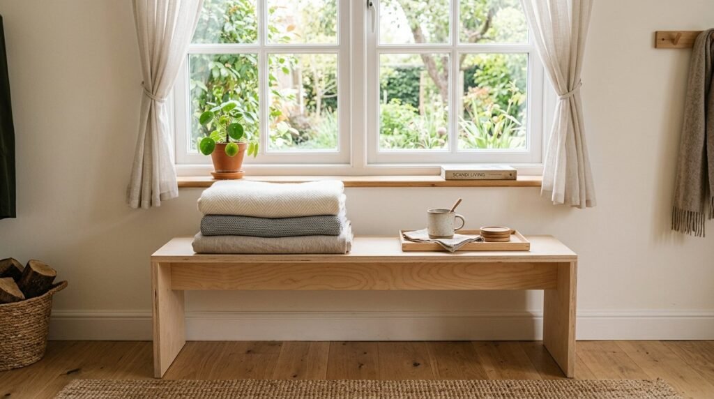 A sleek, modern plywood bench with clean lines set against a minimalist interior background.