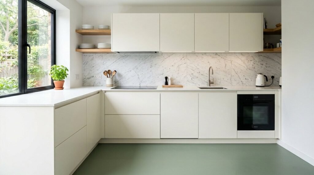 A bright, minimalist kitchen featuring sage green cabinetry and clean modern lines.
