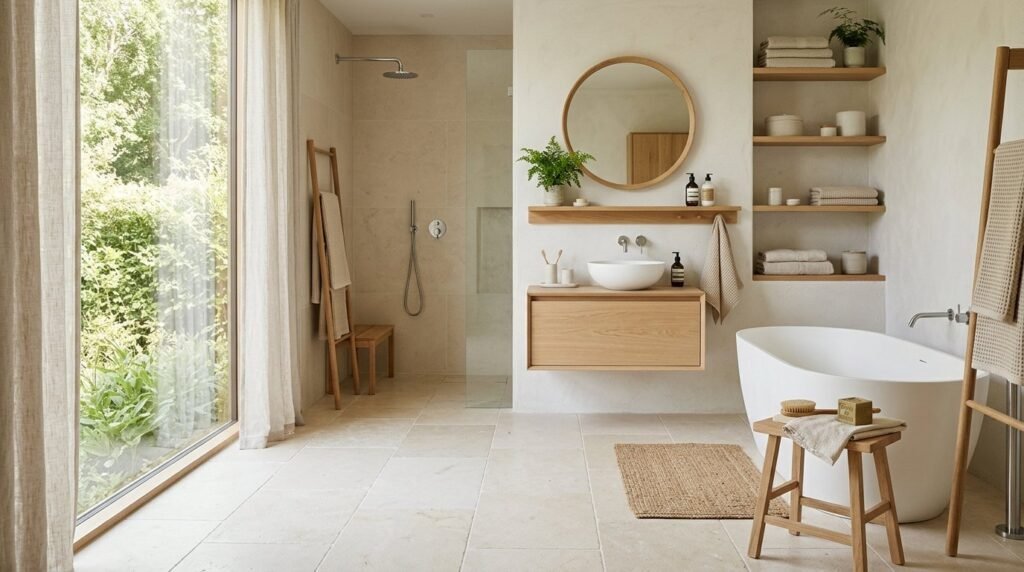 Modern minimalist Scandinavian bathroom with neutral tones and clean wooden accents.