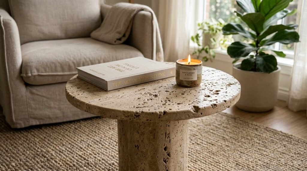 A sleek, minimalist side table crafted from natural travertine stone in a bright, modern living room.